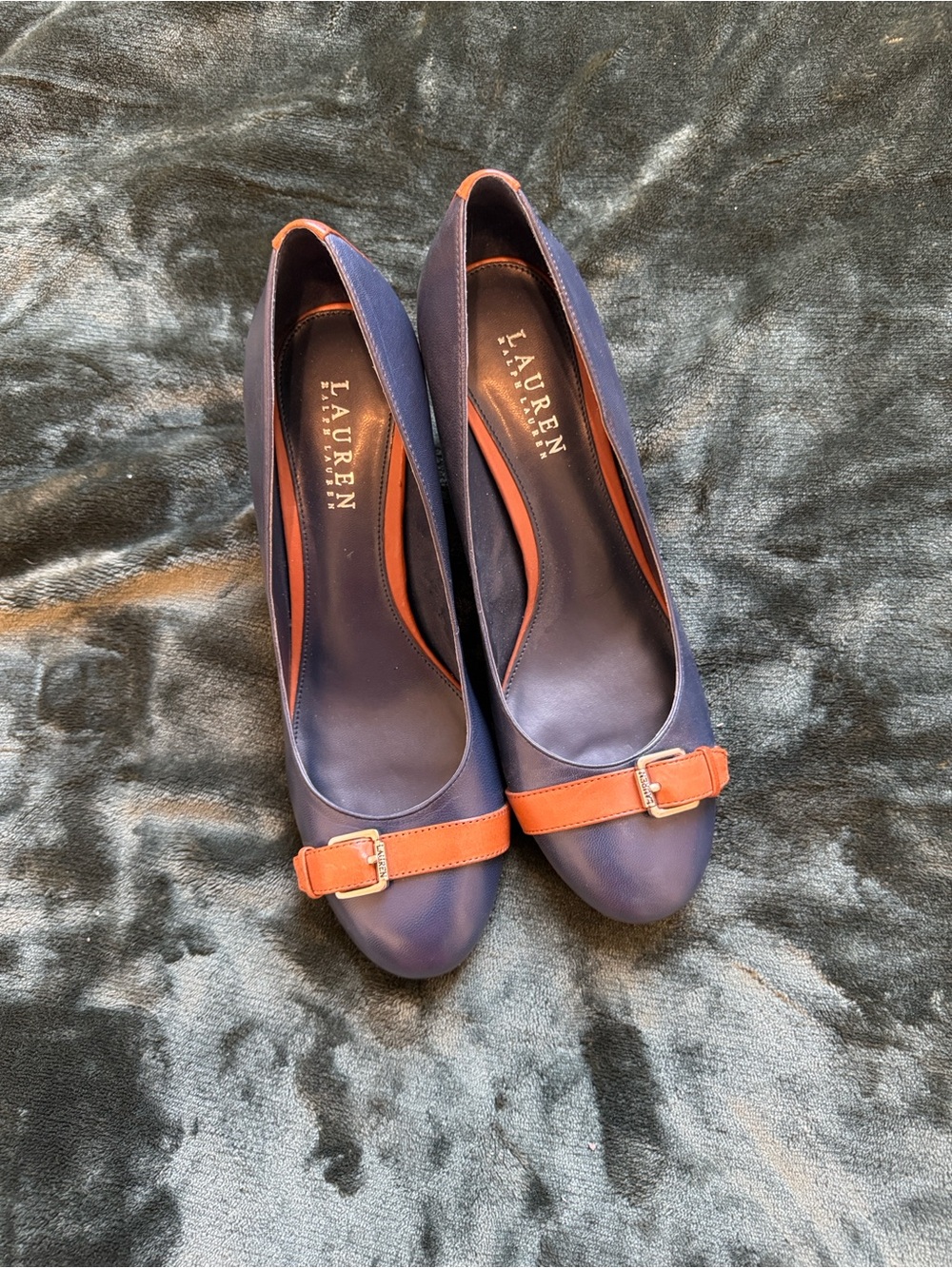 LAUREN Ralph Lauren Navy and Cognac Leather Heeled Pumps